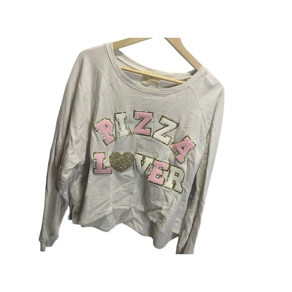 Judith March M Ivory Pink Pizza Lover Cropped Oversized Sequin Sweatshirt - Picture 2 of 5